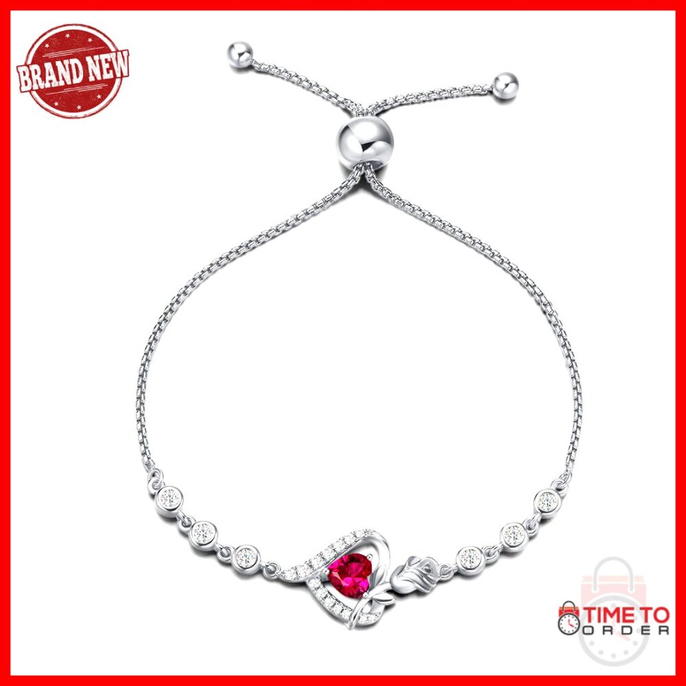 Sterling Silver Tennis Bracelet Elegant Adjustable Rose Heart Pendant Gemstone